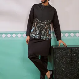 VASTRAMAY Men Satin Silk Embroidered Solid Kurta Pyjama Set with Nehru Jacket-10
