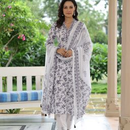 FASHOR Floral Printed Mirror Work Pure Cotton Straight Kurta With Trousers & Dupatta-image-34