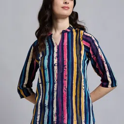 THE FAB FACTORY Women Vertical Stripes Mandarin Collar Roll-Up Sleeves Top-image-51