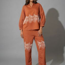 Zolo Label Abstract Embroidered Mandarin Collar Top With Trousers-image-60