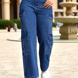 Crazeis Women Cotton Comfort Wide Leg High-Rise Light Fade Stretchable Jeans-picture-3
