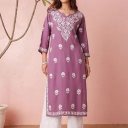 Chowkhat Women V-Neck Ethnic Motifs Embroidered Chikankari Kurta-picture-12