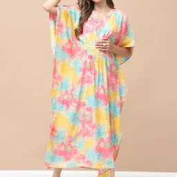 Secret Wish Printed Chanderi Silk Maternity Kaftan Midi Dress-image-38
