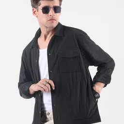 Beyoung Men Dark Grey Waffle Corduroy Shacket-image-98