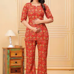 FASHION CLOUD Women Red Floral Printed Tunic and Trousers-picture-4