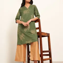 RANGMANCH BY PANTALOONS Floral Printed V-Neck Pure Cotton Straight Kurtas-image-79