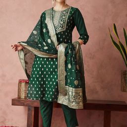 RAJGRANTH Women Regular Thread Work Chanderi Silk Kurta with Trousers & With Dupatta-1