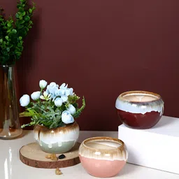 TAYHAA Glazed Horizon Green & Maroon 3 Pieces Colour-Blocked Ceramic Flower Planters-image-92