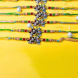 MANSIYAORANGE Set Of 6 AD Stones Studded & Beaded Cotton Thread Rakhi-6