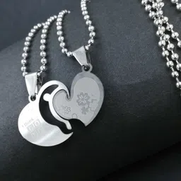 Saizen Unisex Set Of 2 Stainless Steel Silver-Plated Heart Shaped Pendants With Chains-picture-4