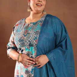 EXTRA LOVE BY LIBAS Plus Size Floral Printed Thread Work Kurta With Trousers & Dupatta image 2
