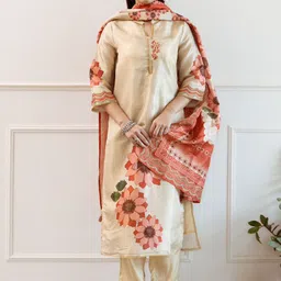 Anouk Cream and Orange Floral Printed Thread Work Straight Kurta with Trouser & Dupatta-image-11