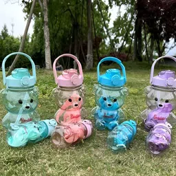 Virtuous 2Pcs Cartoon Animal Water Bottles With Straw & Straps - 300ml & 1000 ml-picture-16