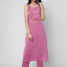 NYPA Floral Yoke Design Embroidered Mirror Work Pure Cotton Kurta With Trousers-picture-8