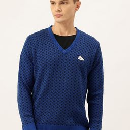 Monte Carlo Geometric Self design V-Neck Woollen Pullover-picture-36