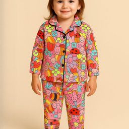 YK Girls Graphic Printed Shirt Collar Ladybug Smiley Print Cotton Full Sleeves Night suit-picture-45