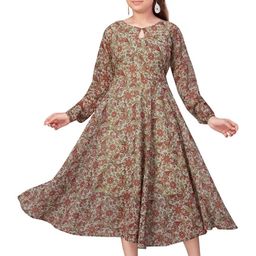 HERE&NOW Floral Print Keyhole Neck Georgette A-Line Midi Dress-image-37