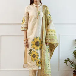 Anouk Cream and Yellow Floral Printed Thread Work Straight Kurta with Trouser & Dupatta-image-68