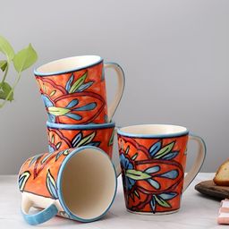 VarEesha Orange Colored & Blue 4 Pieces Floral Printed Ceramic Glossy Mugs 250ml-image-78