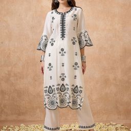 Globus Scalloped Hem Bell Sleeves Floral Embroidered Kurta & Straight Pants Festive Set-image-28
