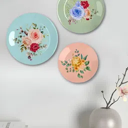Homscape Set Of 3 Green & Blue Printed Ceramic Wall Plates-7