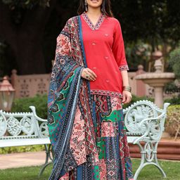 Juniper Ethnic Motifs Embroidered Regular Straight Liva Kurti with Sharara & Dupatta-32
