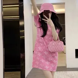 KPOP Women Printed Round Neck Above Knee T-shirt Dress-image-7