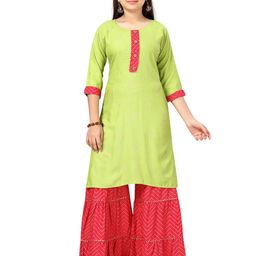 Muhuratam Girls Green Pure Cotton Kurta Sets-image-46