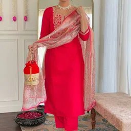 NIZA FASHION Floral Embroidered Sequinned Straight Kurta With Trousers & Dupatta-picture-48