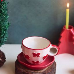 WEAVING HOMES 2-Pcs Red & White Ceramic Mug & Dessert Plate-19