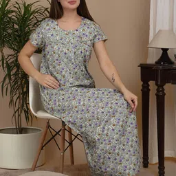 Sweet Dreams Women Pure Cotton Printed Round Neck Short Sleeves Everyday Maxi Nightdress-image-39