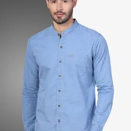 D Finish Band Collar Smart Denim Casual Shirt-image-74