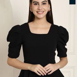 Tromko Women Black Color Square Neck Puff Sleeve PeplumTop-image-69