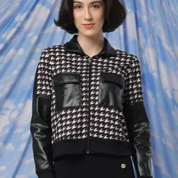 TANDUL Women Houndstooth Checked Crop Lightweight Velvet Bomber Jacket-picture-42