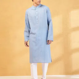 Fabindia Striped Thread Work Band Collar Dobby Weave Cotton Straight Kurta-image-55