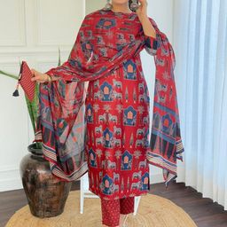THE52 Ethnic Motifs Printed V-Neck Cotton Straight Kurta With Trouser And Dupatta-image-23