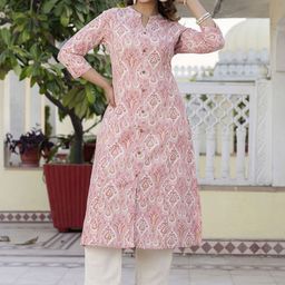 Pistaa Floral Printed Mandarin Collar Pure Cotton A-Line Kurta With Trousers-picture-49