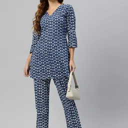 HRITIKA Geometric Printed Pure Cotton V-Neck Tunic With Trousers-50
