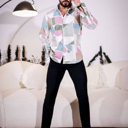 Foomer Geometric Printed Spread Collar Standard Cotton Casual Shirt-image-2