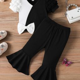 YK Infant Girls Colorblocked Bow-Detail Top & Trousers Clothing Set-image-37