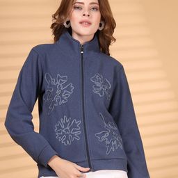 Juelle Women Floral Embroidered Mock Collar Front-Open Sweatshirt-image-96