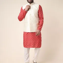 W & G Mandarin Collar Straight Kurta with Churidar & Nehru Jacket-image-43