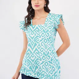 Mishy Women Ethnic Motifs Printed Flutter Sleeves Pure Cotton Asymmetric Hem-9