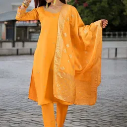 KIMISHA Floral Embroidered Notch Neck Zari Straight Kurta With Trousers And Dupatta-image-20