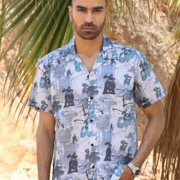 KRAFT INDIA Standard Abstract Printed Cuban Collar Cotton Linen Shirt-image-75