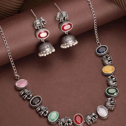 Saraf RS Jewellery Rhodium-Plated Navratan American Diamond Studded Jewellery Set-image-19