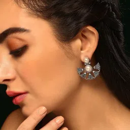 Priyaasi Silver-Plated Pearls Beaded Contemporary Oxidised Drop Earrings-image-42