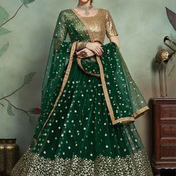 ETHNIC PLUS Embroidered Sequinned Semi-Stitched Lehenga & Unstitched Blouse With Dupatta-image-45