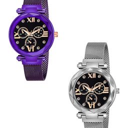 Gopal Shopcart Unisex Pack of 2 Watch Mina black Dial Purple Silver maganet-image-15