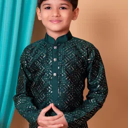 Cae Boys Ethnic Motifs Embroidered Regular Sequinned Dupion Silk Kurta with Patiala image 5